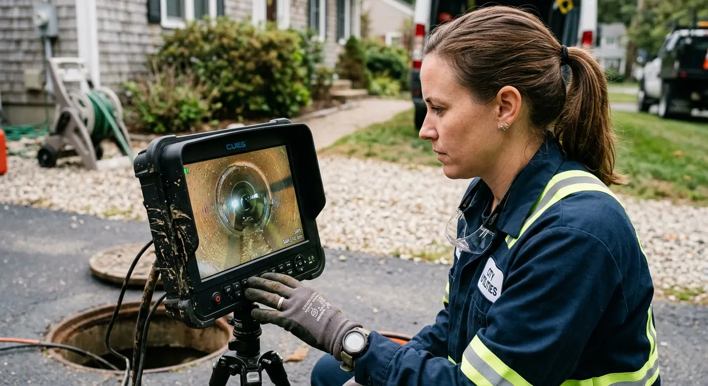 Technician reviewing sewer camera inspection footage in Ecorse