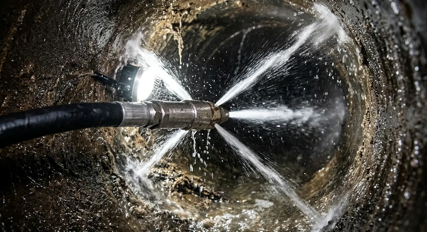 High-pressure hydro jetting nozzle cleaning sewer pipe for Trenchless Sewer Repair in Ecorse