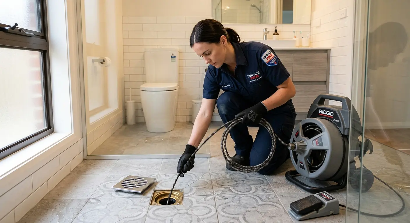 Technician clearing a bathroom floor drain for Drain Cleaning in Ecorse
